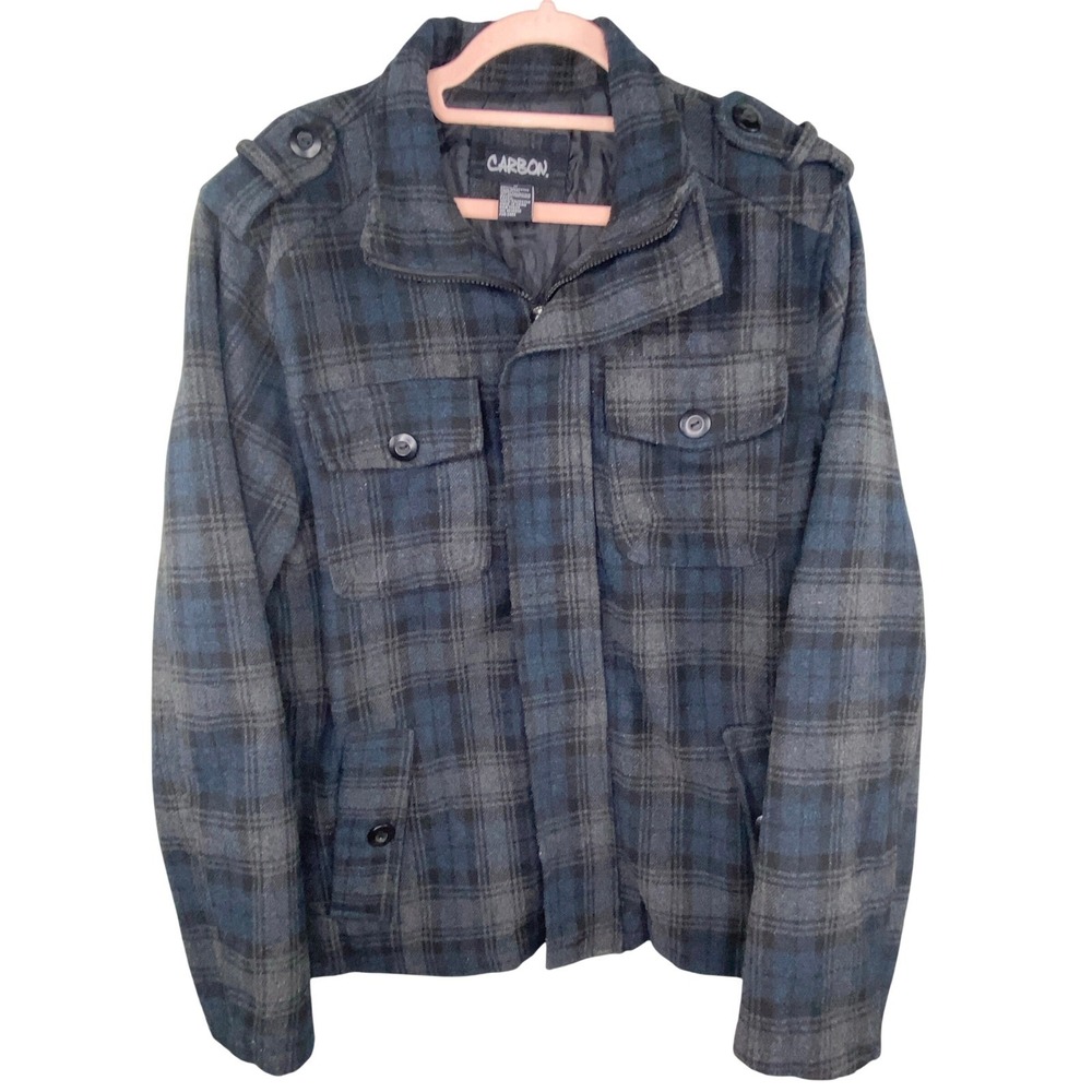 Carbon Plaid Field Jacket Mens M‎ Blue Grey Utility Epaulette Wool Zip Grunge